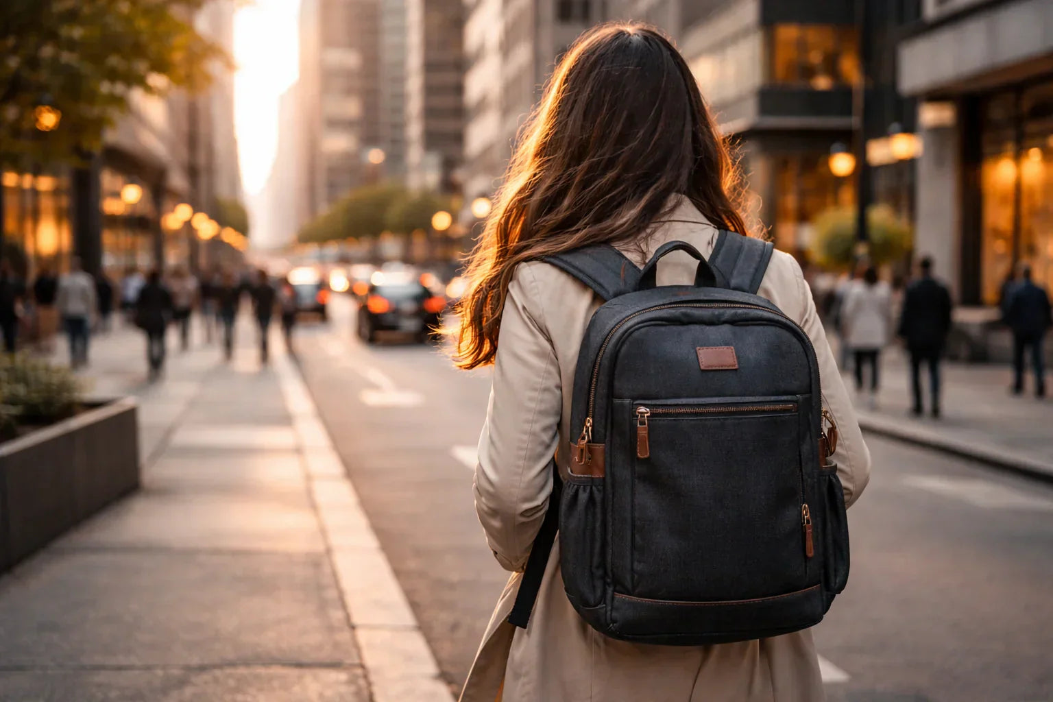 Femme marchant en ville avec un sac à dos élégant, illustrant le choix d’un sac urbain alliant style, fonctionnalité et confort.
