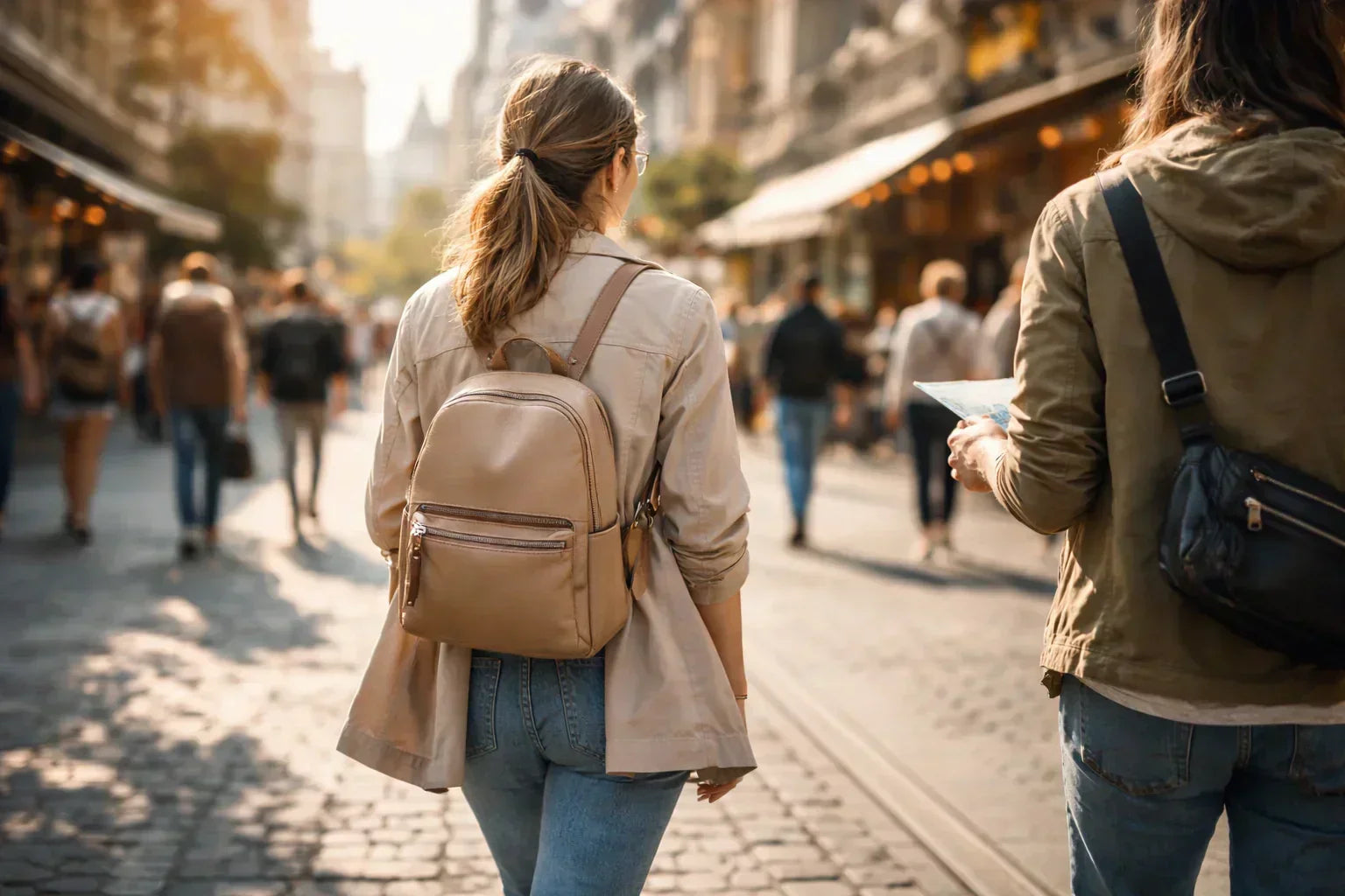 Visiter une ville avec le bon sac : voyageuse en rue urbaine portant un sac à dos compact, idéal pour une journée de visite